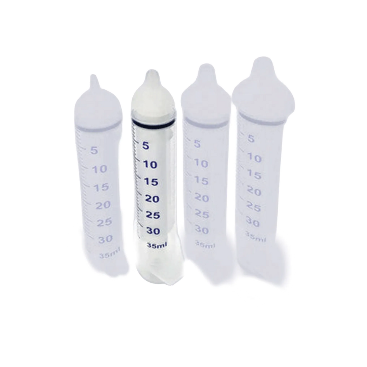 Puppywamer Latchons Syringe Nipple Feeders,"Four feeding syringes with white rubber nipple tips"