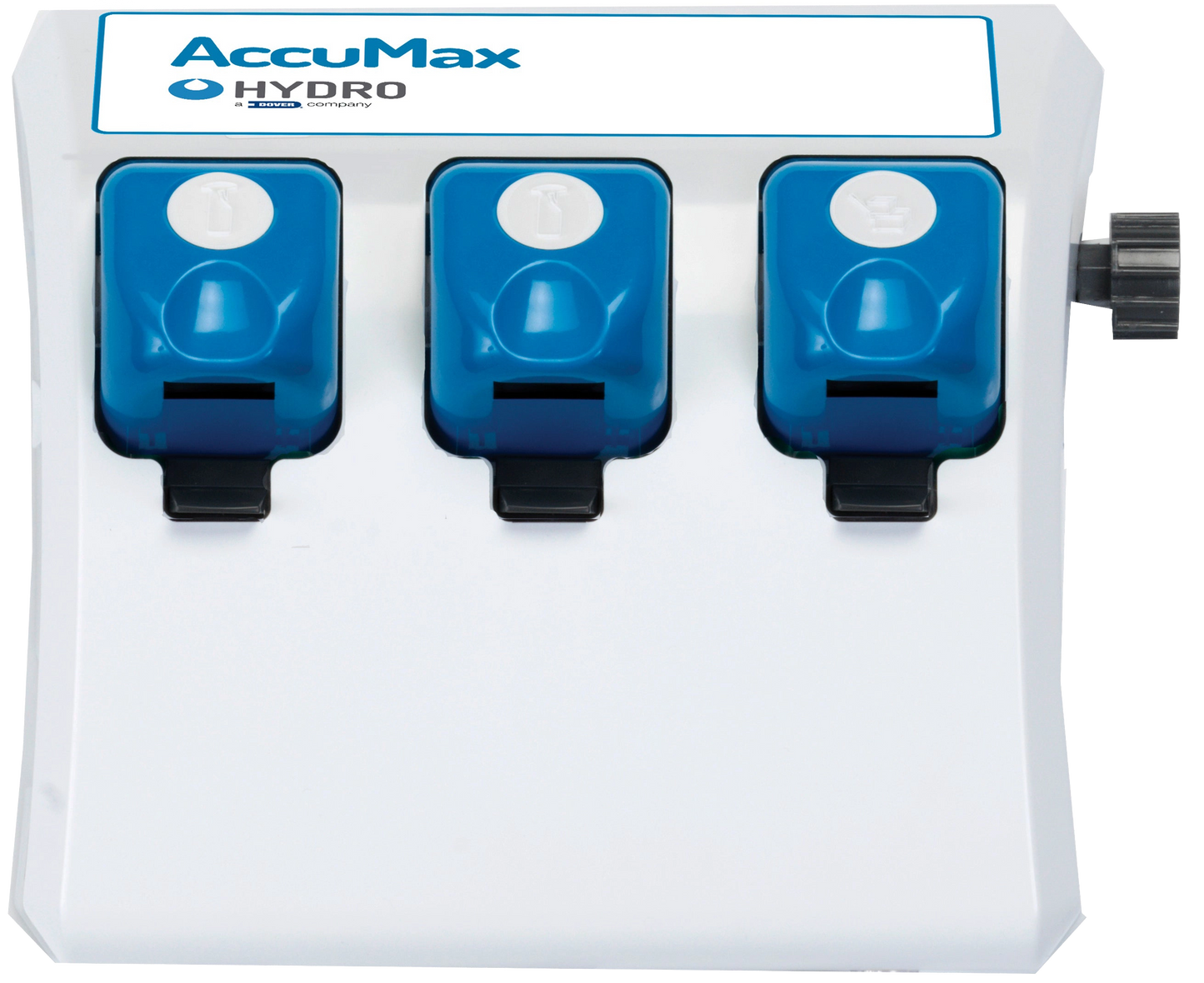AccuMax Filling Station,"White wall-mounted dispenser with three blue reservoirs"