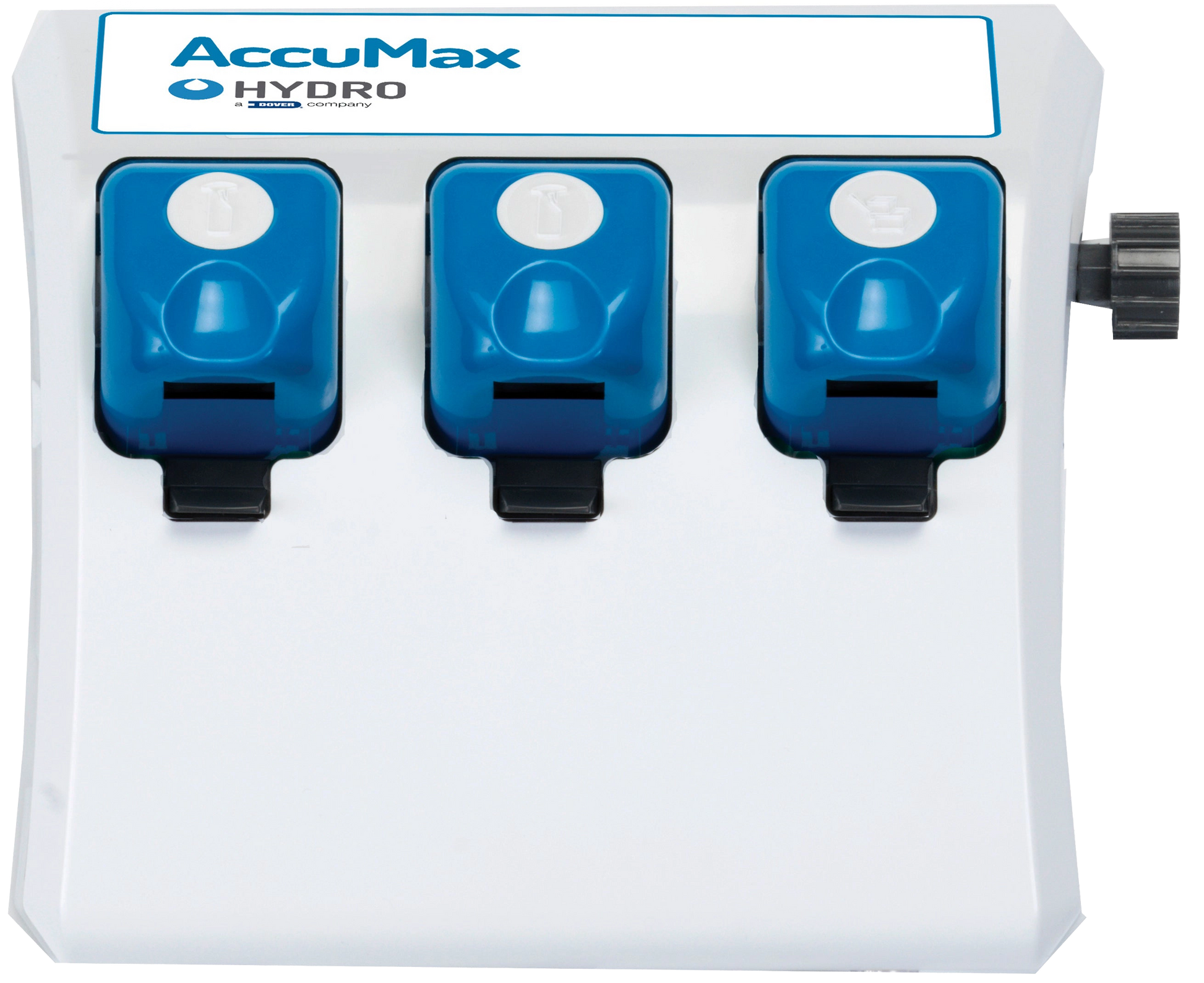 AccuMax Filling Station,"White wall-mounted dispenser with three blue reservoirs"