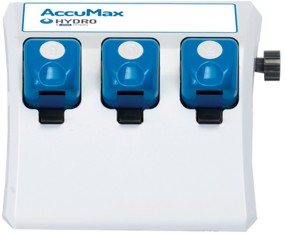 AccuMax Filling Station,"White wall-mounted dispenser with three blue reservoirs"