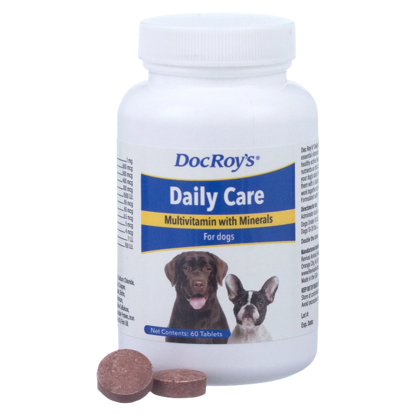 Doc Roy's® Daily Care Canine,"White supplement bottle with dog label and brown tablets"