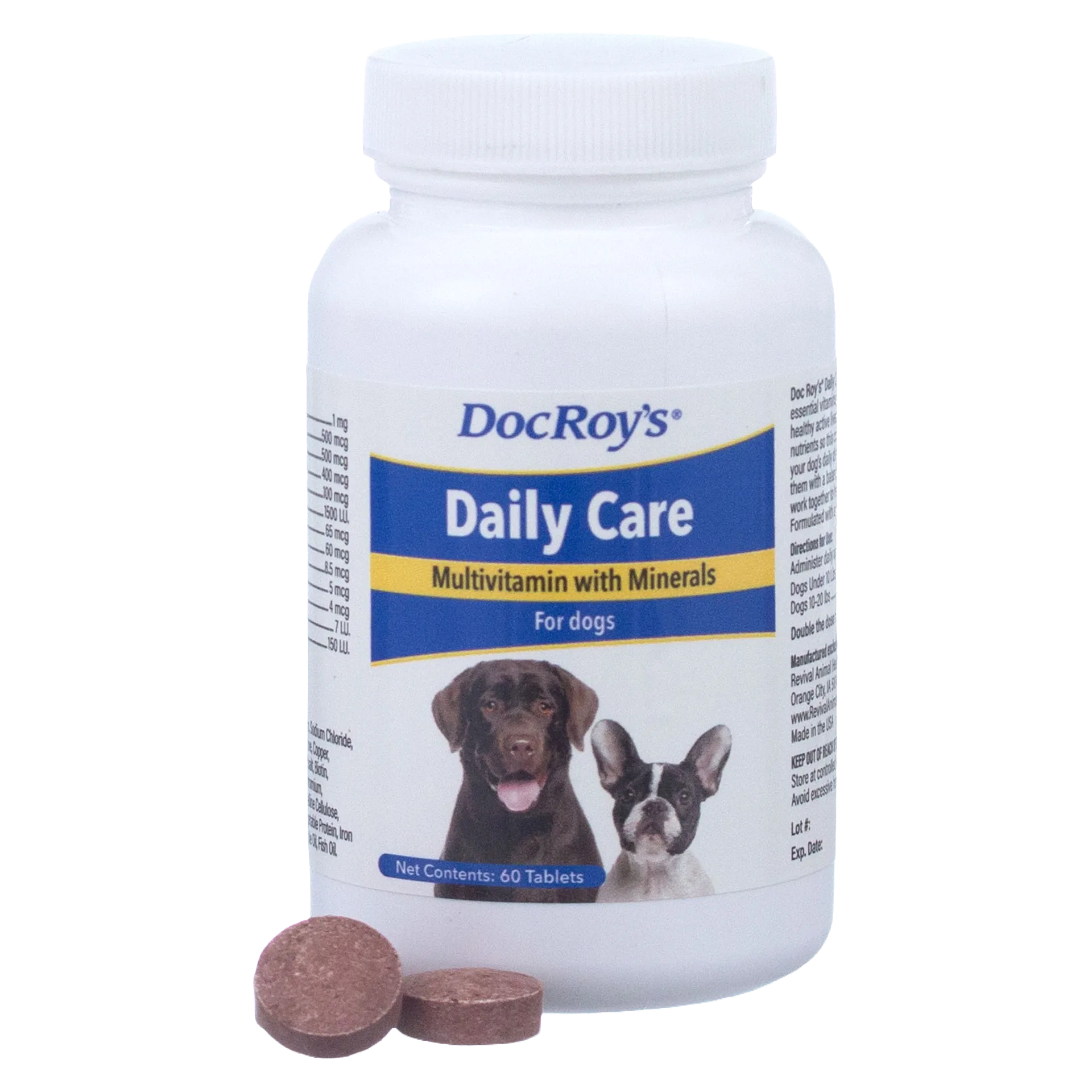 Doc Roy's® Daily Care Canine,"White supplement bottle with dog label and brown tablets"