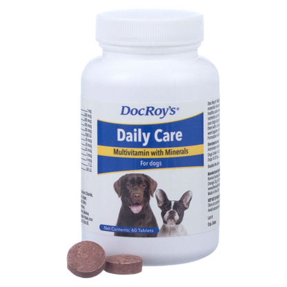 Doc Roy's® Daily Care Canine,"White supplement bottle with dog label and brown tablets"