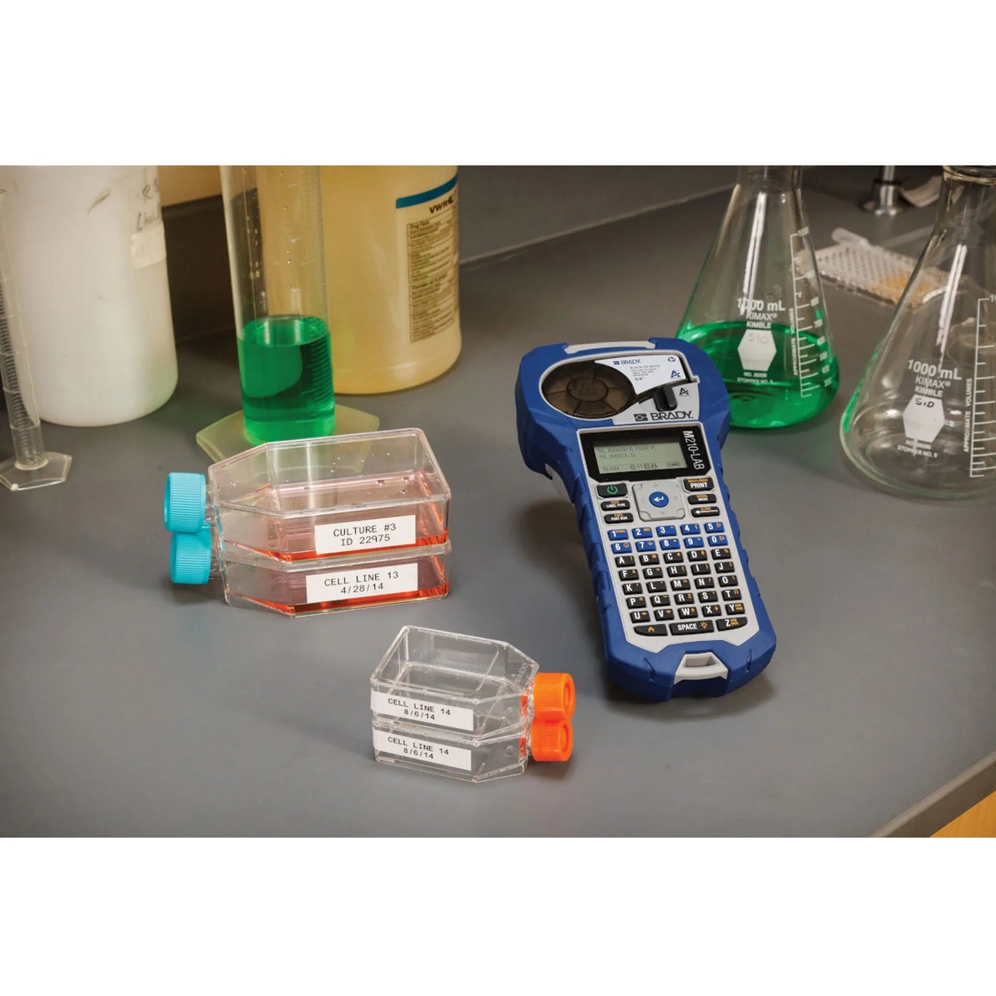Lab Label Printer and Self-Laminating Cryogenic Polyester Labels,"Blue handheld label printer with labeled lab containers"