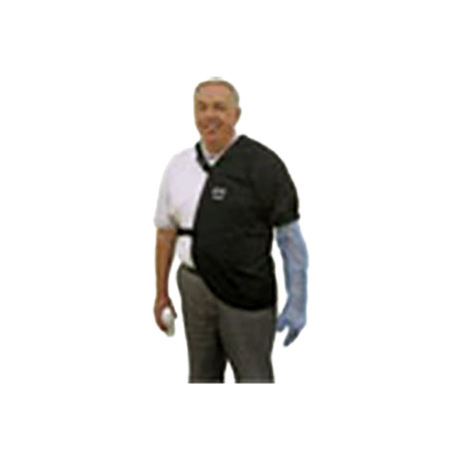 Shoulder Guard,"Man wearing black one-shoulder guard with blue arm sleeve"