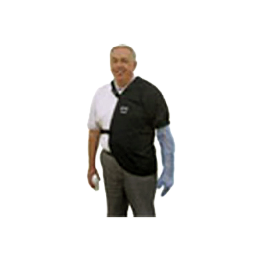 Shoulder Guard,"Man wearing black one-shoulder guard with blue arm sleeve"