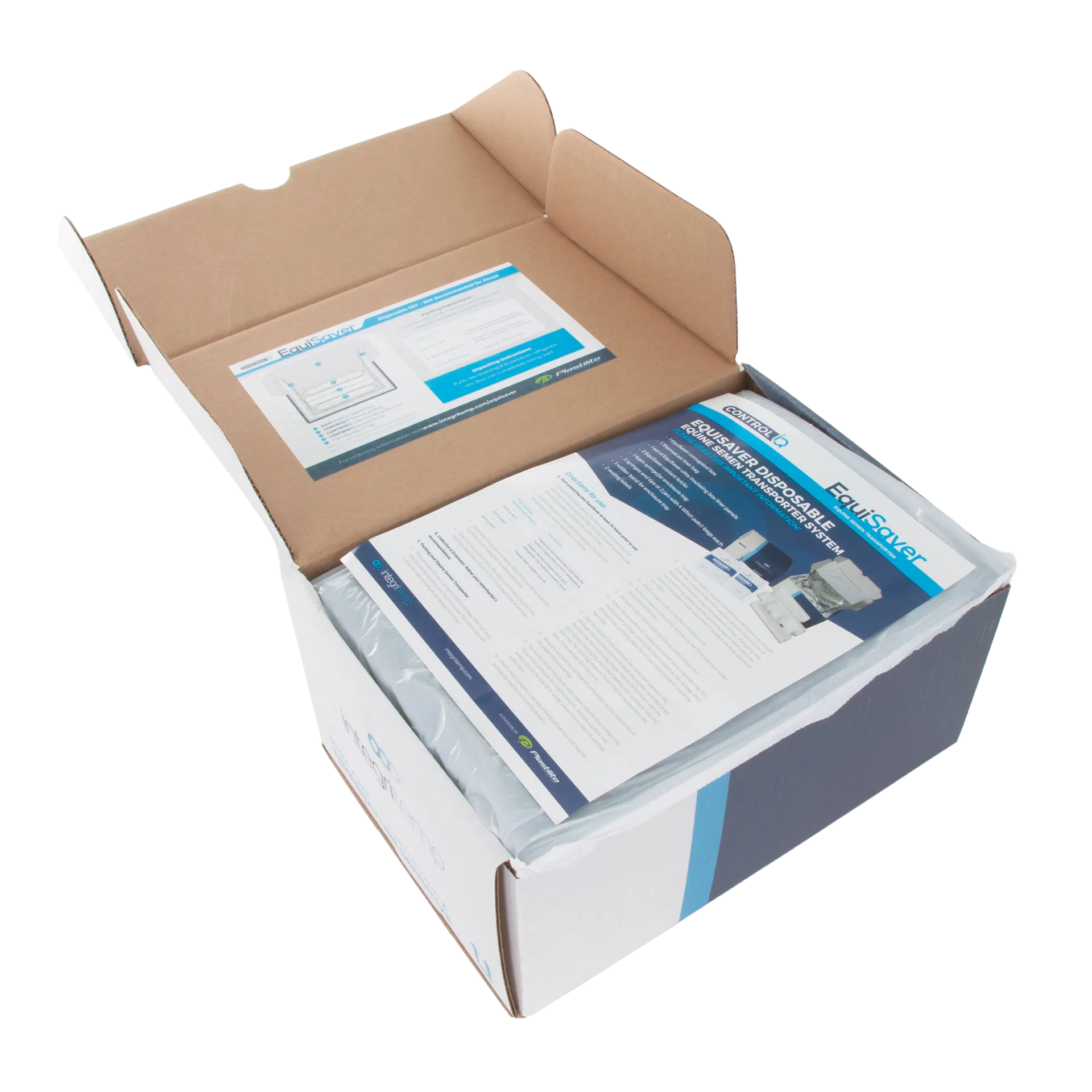 EquiSaver Cooled Semen Shipper,"Open insulated shipping box with liner and instruction sheets"
