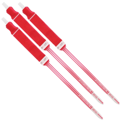 Plastic ID Collars,"Three red plastic ID collars with clear stems"
