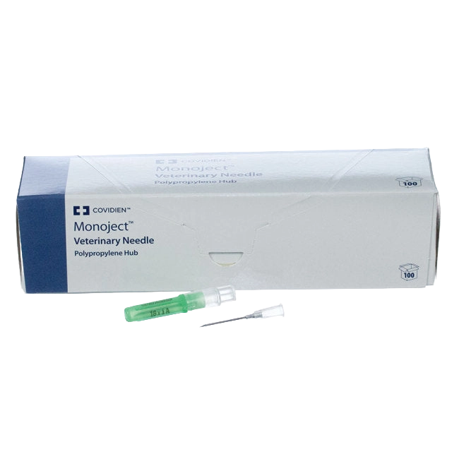 MonoJect™ Needles,"Box with two veterinary needles, one with green hub"