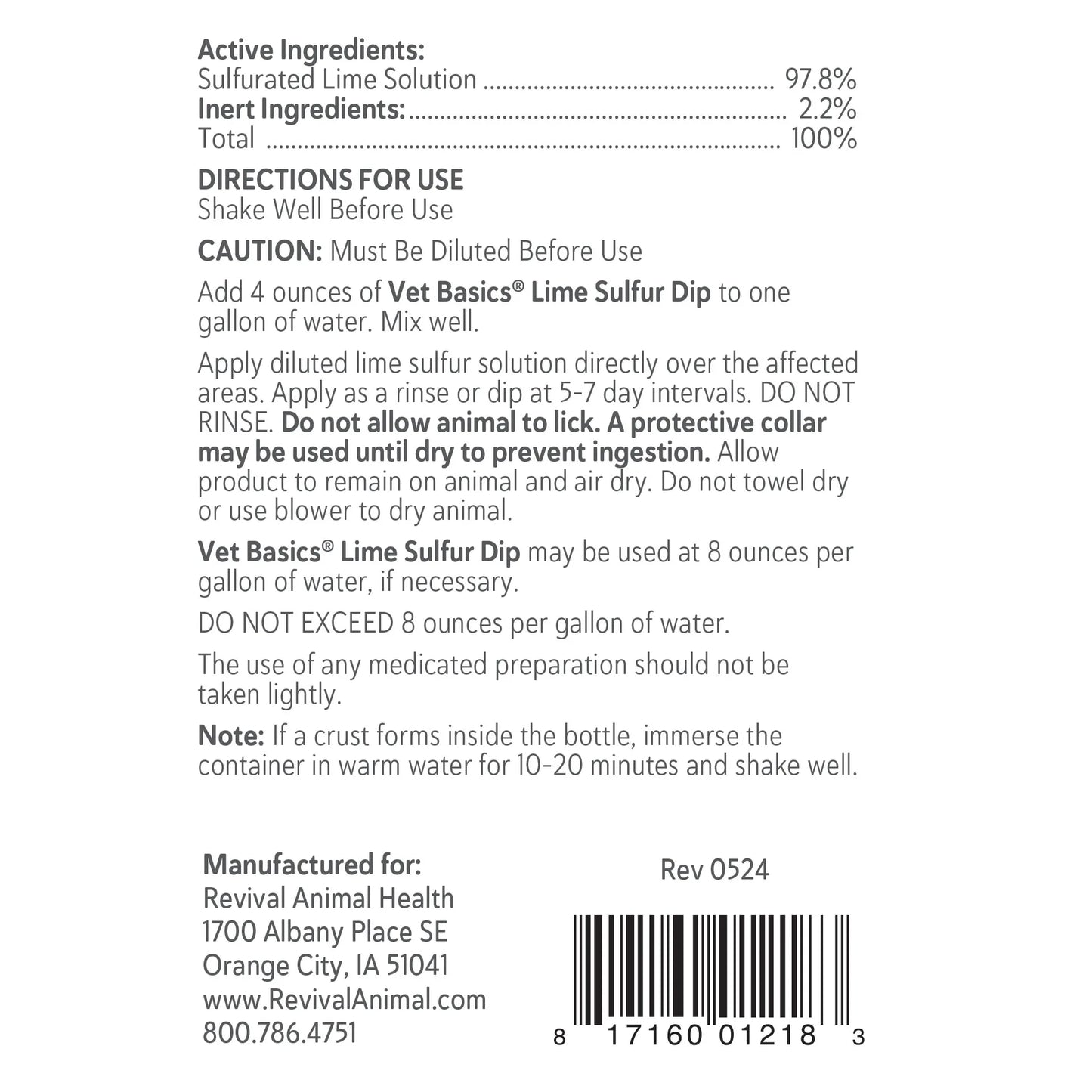 Vet Basics® Lime Sulfur Dip,"Back label view of bottle with directions and barcode"