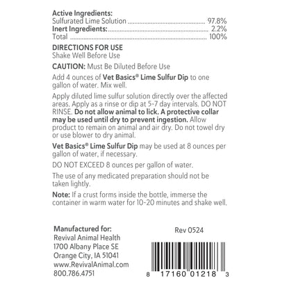 Vet Basics® Lime Sulfur Dip,"Back label view of bottle with directions and barcode"
