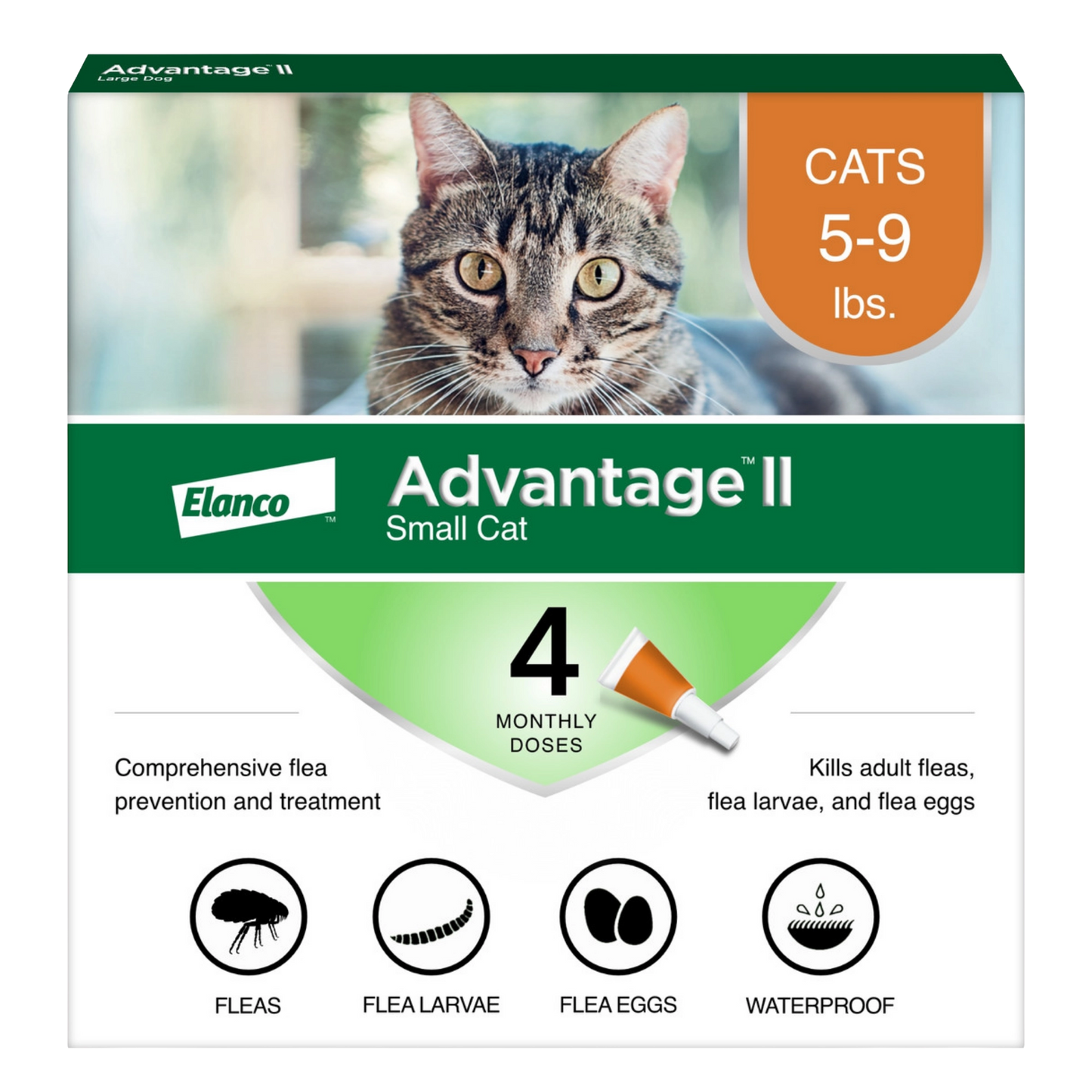 Advantage™ II for Cats,"Front of box with tabby cat and orange 5–9 lbs label"