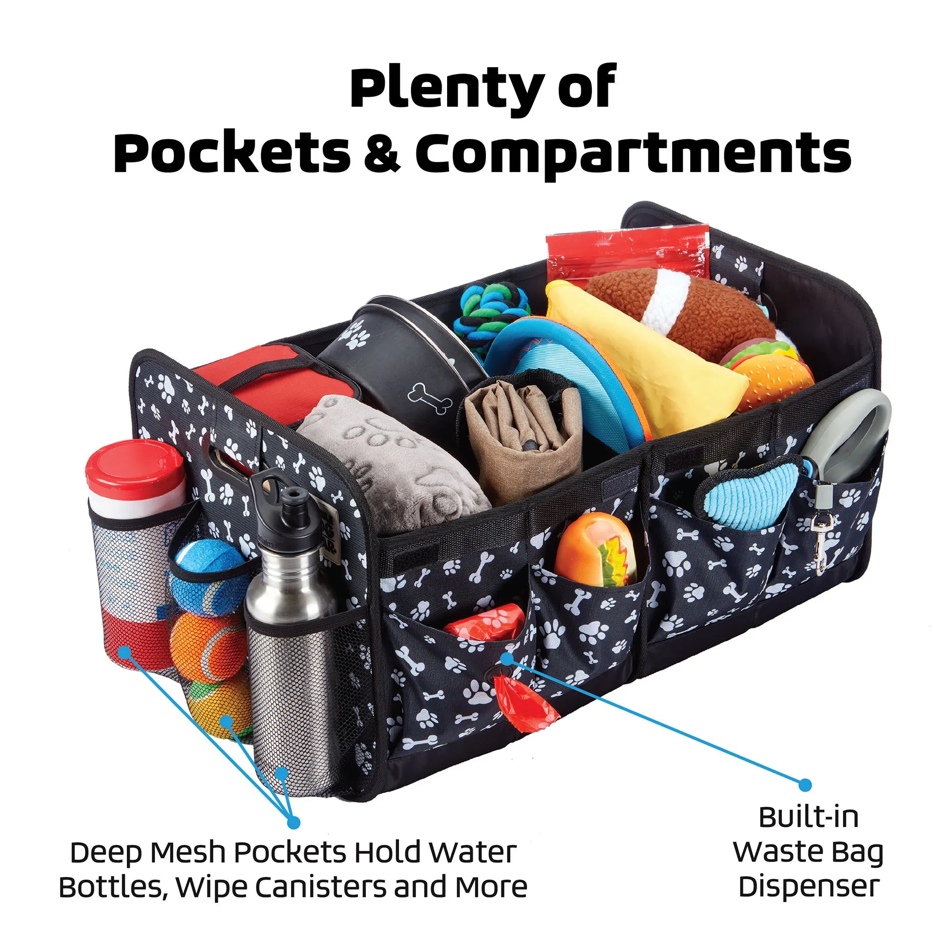 Dogssentials Collapsible Storage Organizer,"Black paw-print organizer filled with pet accessories and mesh side pockets"