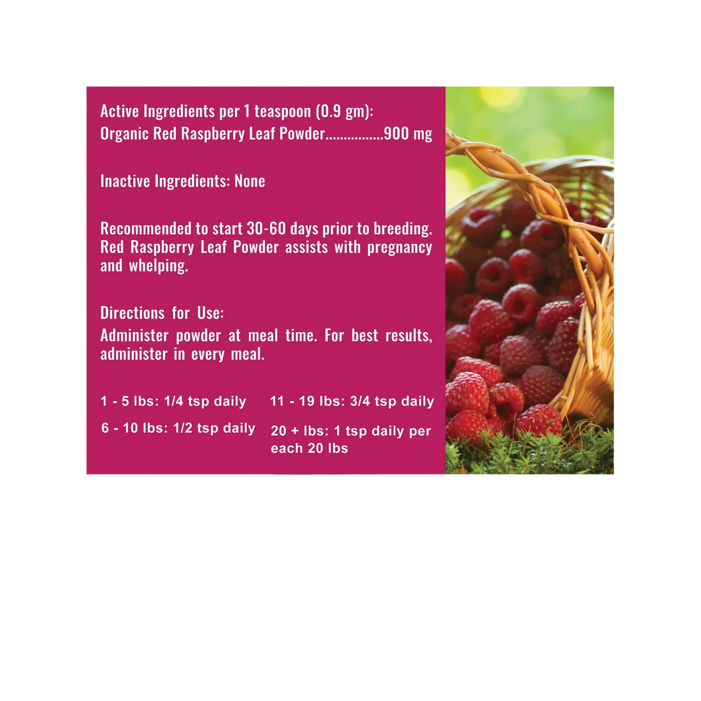 Organic Red Raspberry Leaf Powder,"Supplement facts panel with basket of raspberries"