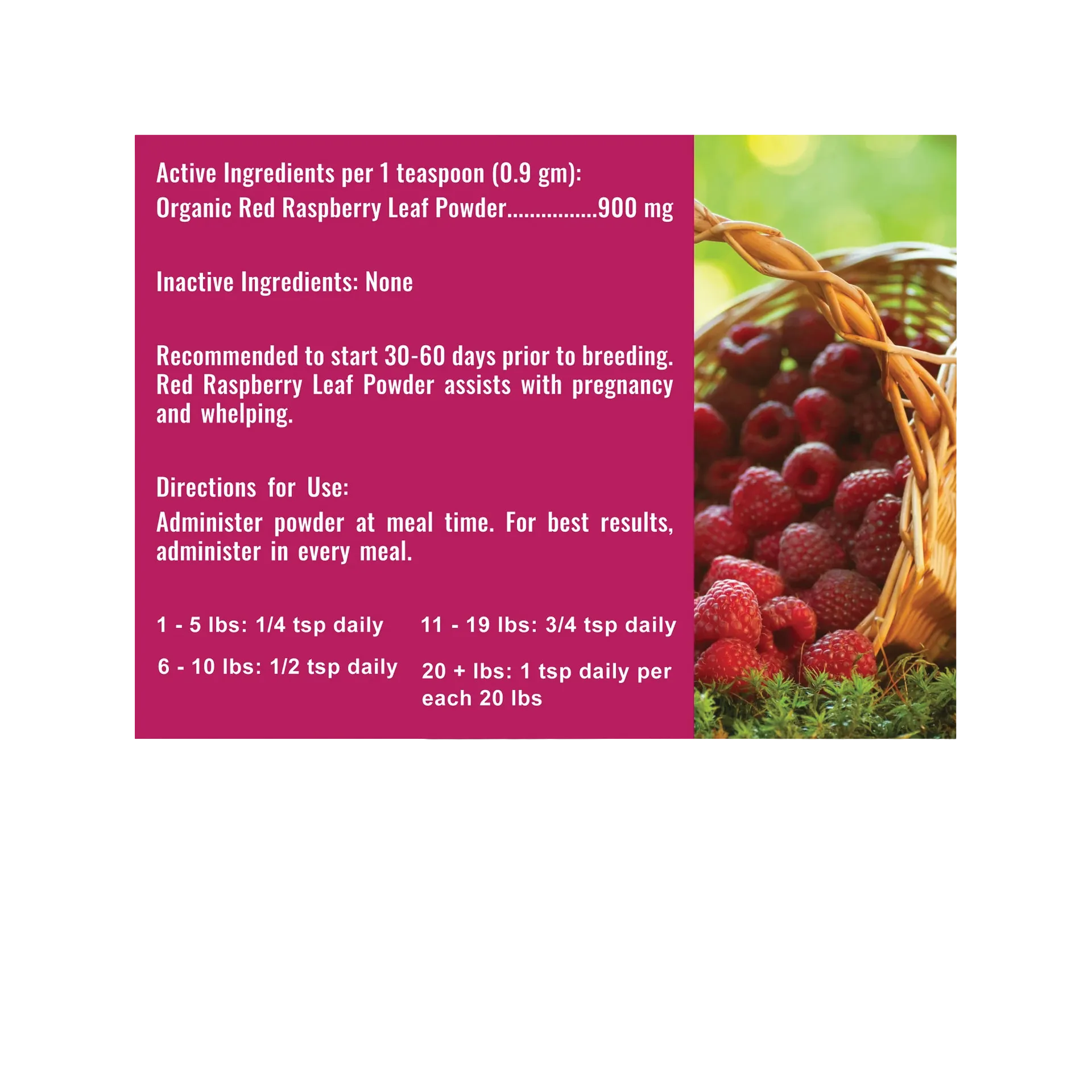 Organic Red Raspberry Leaf Powder,"Supplement facts panel with basket of raspberries"