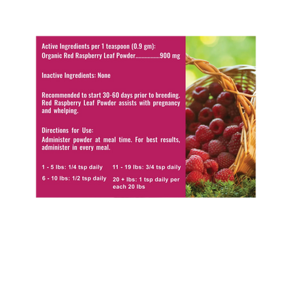 Organic Red Raspberry Leaf Powder,"Supplement facts panel with basket of raspberries"