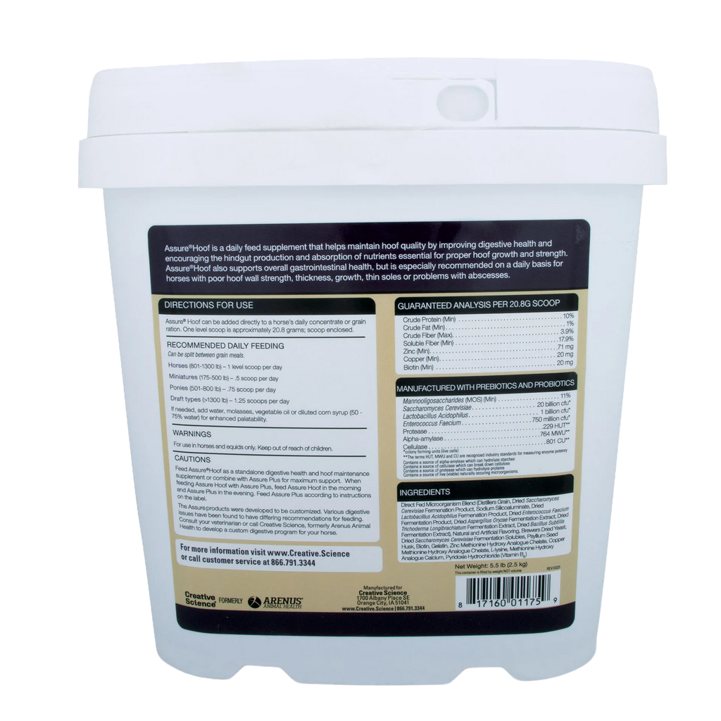 Assure® Hoof,"White plastic tub with lid, back label view"