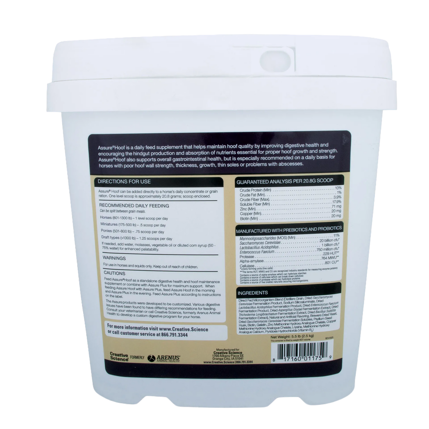Assure® Hoof,"White plastic tub with lid, back label view"