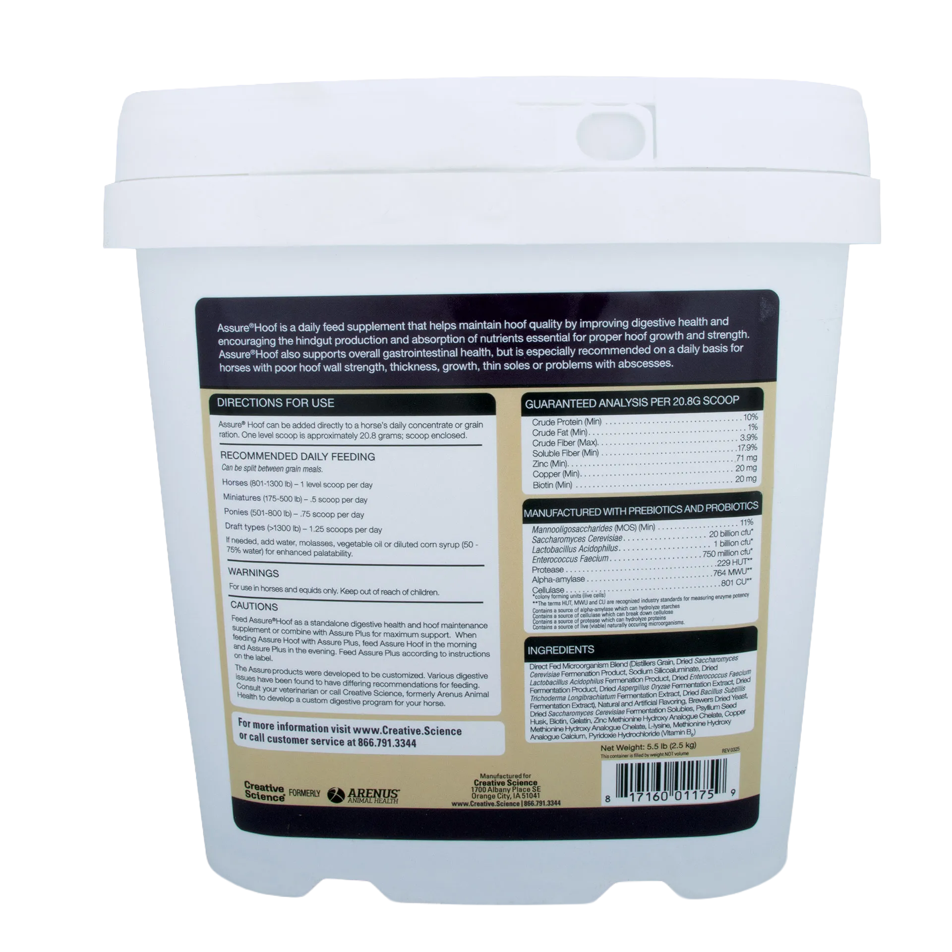 Assure® Hoof,"White plastic tub with lid, back label view"