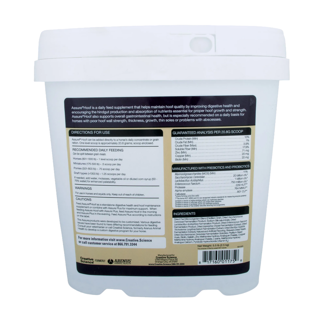 Assure® Hoof,"White plastic tub with lid, back label view"