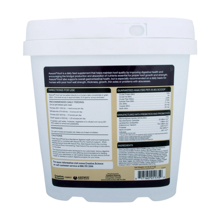 Assure® Hoof,"White plastic tub with lid, back label view"