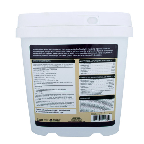 Assure® Hoof,"White plastic tub with lid, back label view"