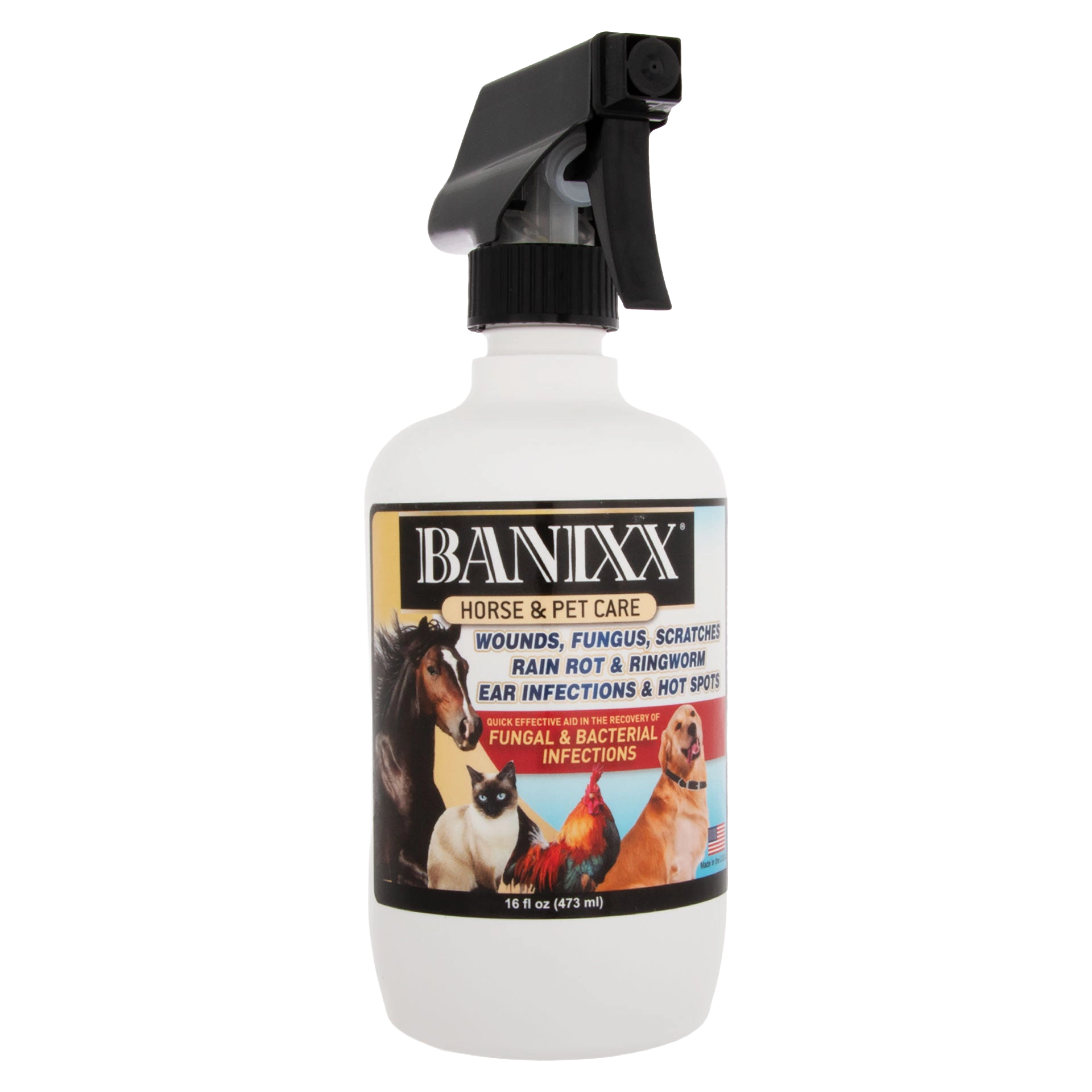 Banixx® Horse and Pet Care Spray,"White spray bottle with black trigger sprayer"