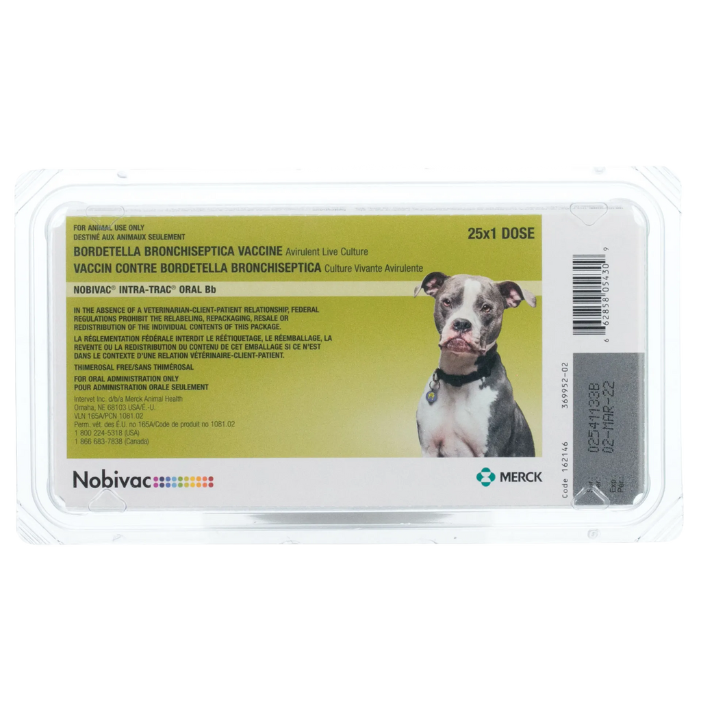 Nobivac® Canine Intra-Trac® Oral Bb,"Plastic blister pack with green label and dog image"