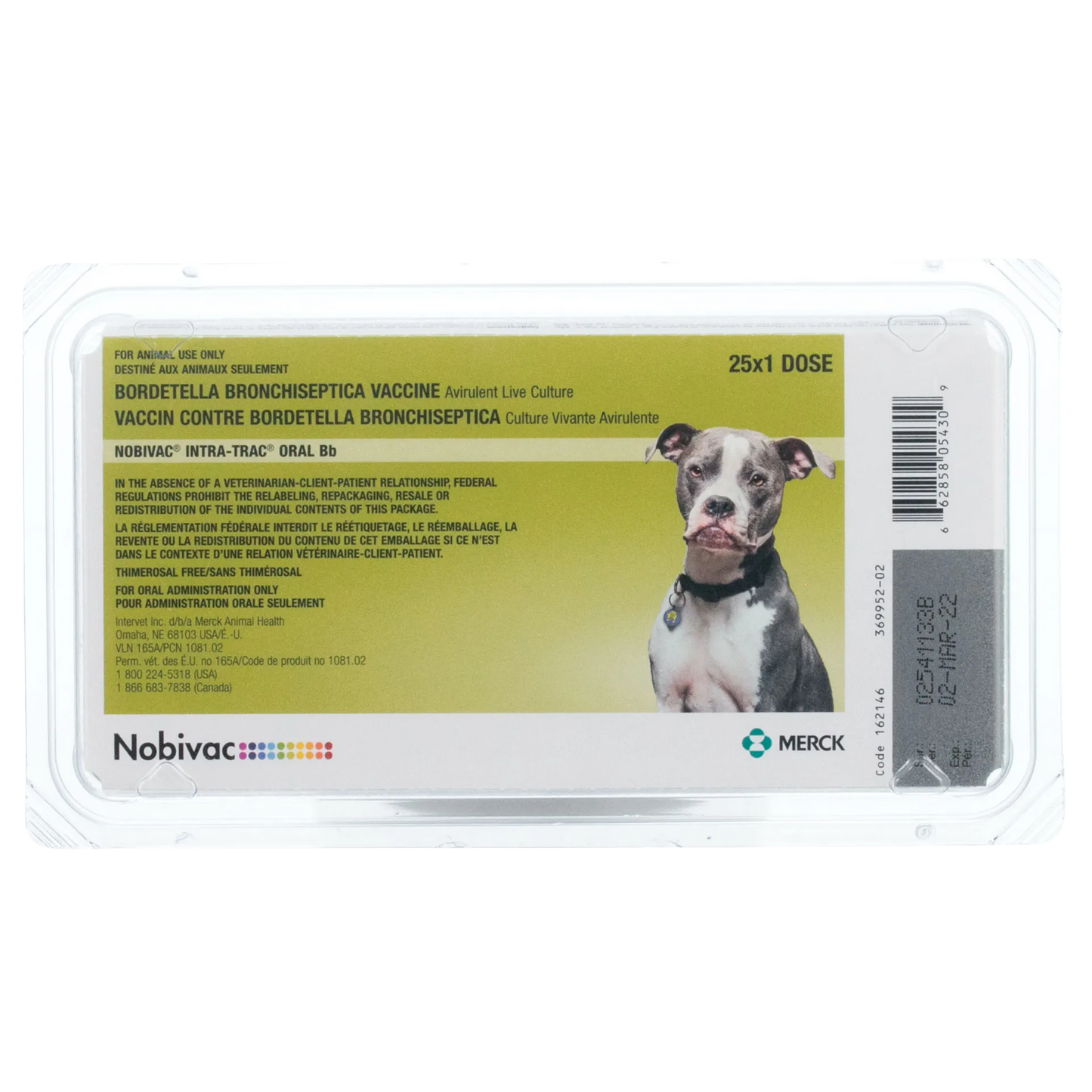 Nobivac® Canine Intra-Trac® Oral Bb,"Plastic blister pack with green label and dog image"