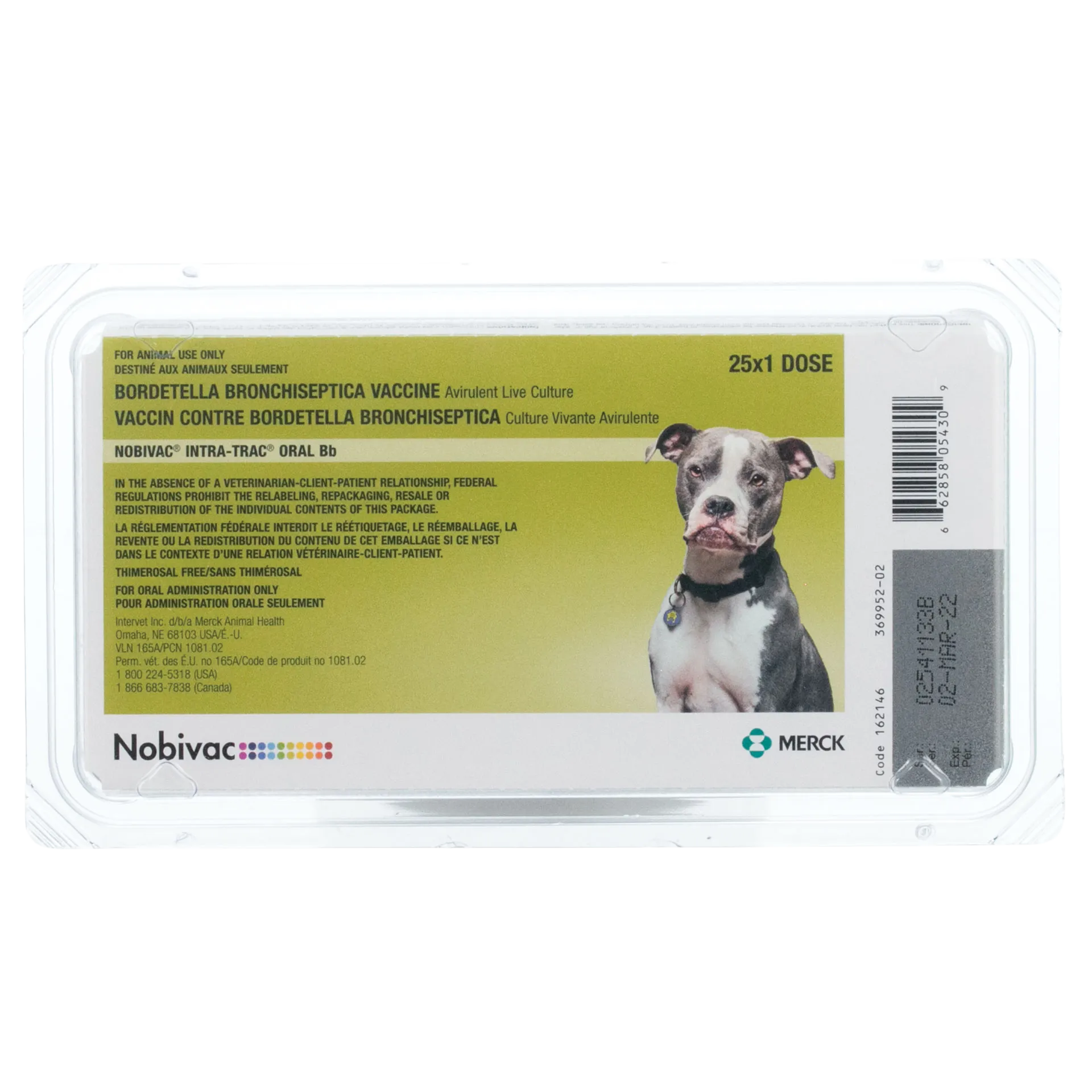 Nobivac® Canine Intra-Trac® Oral Bb,"Plastic blister pack with green label and dog image"