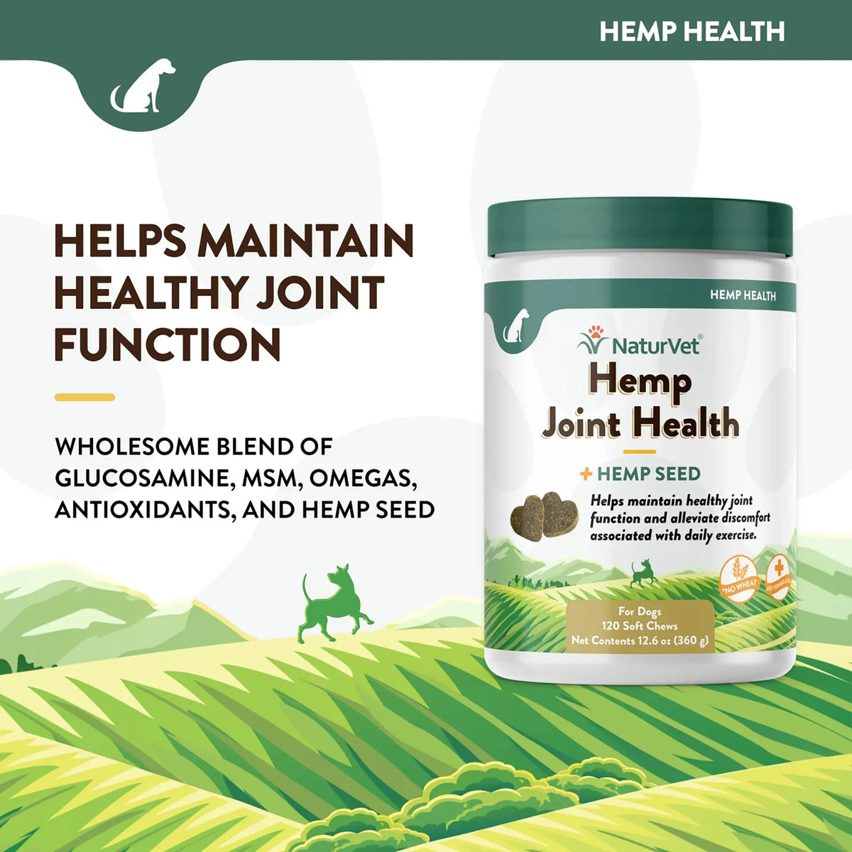 Hemp Joint Health,"White supplement jar with green lid and two heart-shaped chews"