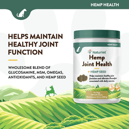 Hemp Joint Health,"White supplement jar with green lid and two heart-shaped chews"