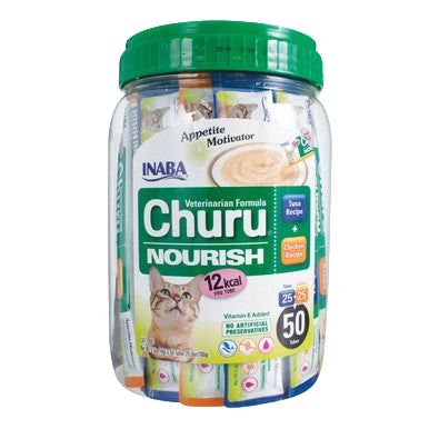 Inaba® Churu® Cat Treats,"Clear plastic jar with green lid and treat tubes inside"