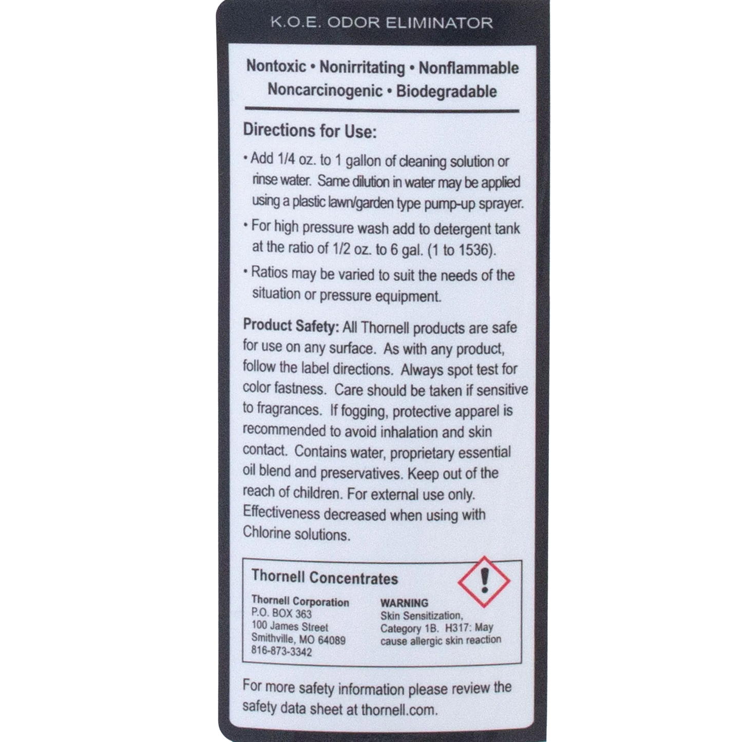 KOE® Kennel Odor Eliminator,"Back label with directions and warning icon"