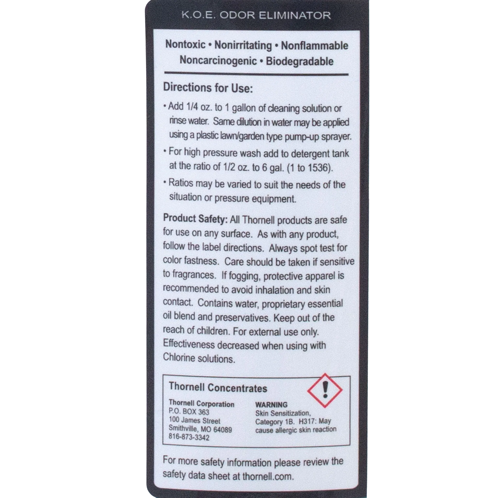 KOE® Kennel Odor Eliminator,"Back label with directions and warning icon"