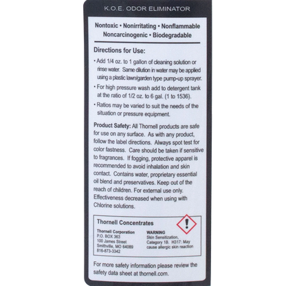 KOE® Kennel Odor Eliminator,"Back label with directions and warning icon"