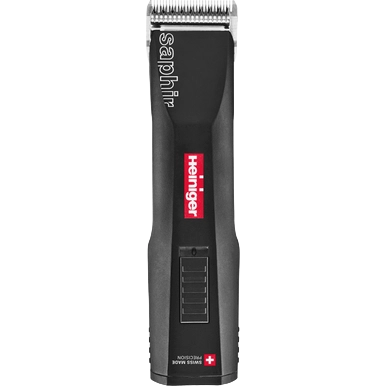 Black Saphir Basic with One Battery by Heiniger and FREE Blade,"Black cordless clipper with silver blade, front view"