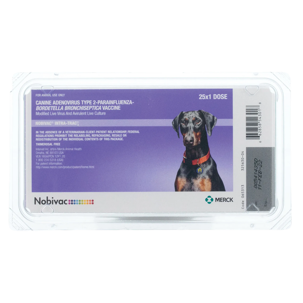 Nobivac® Intra-Trac®<sub>3</sub>,"Purple vaccine tray package with dog image and barcode"