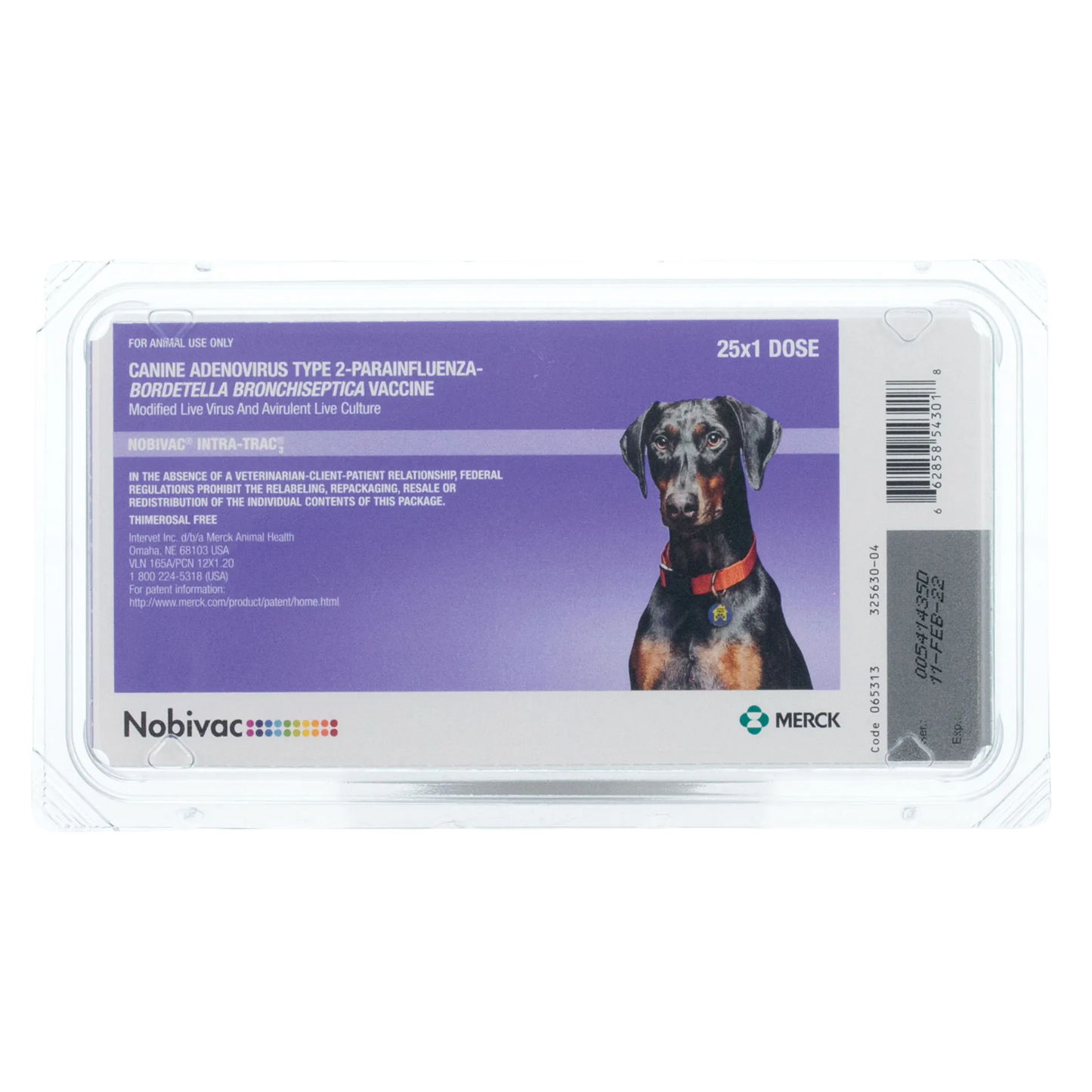 Nobivac® Intra-Trac®<sub>3</sub>,"Purple vaccine tray package with dog image and barcode"
