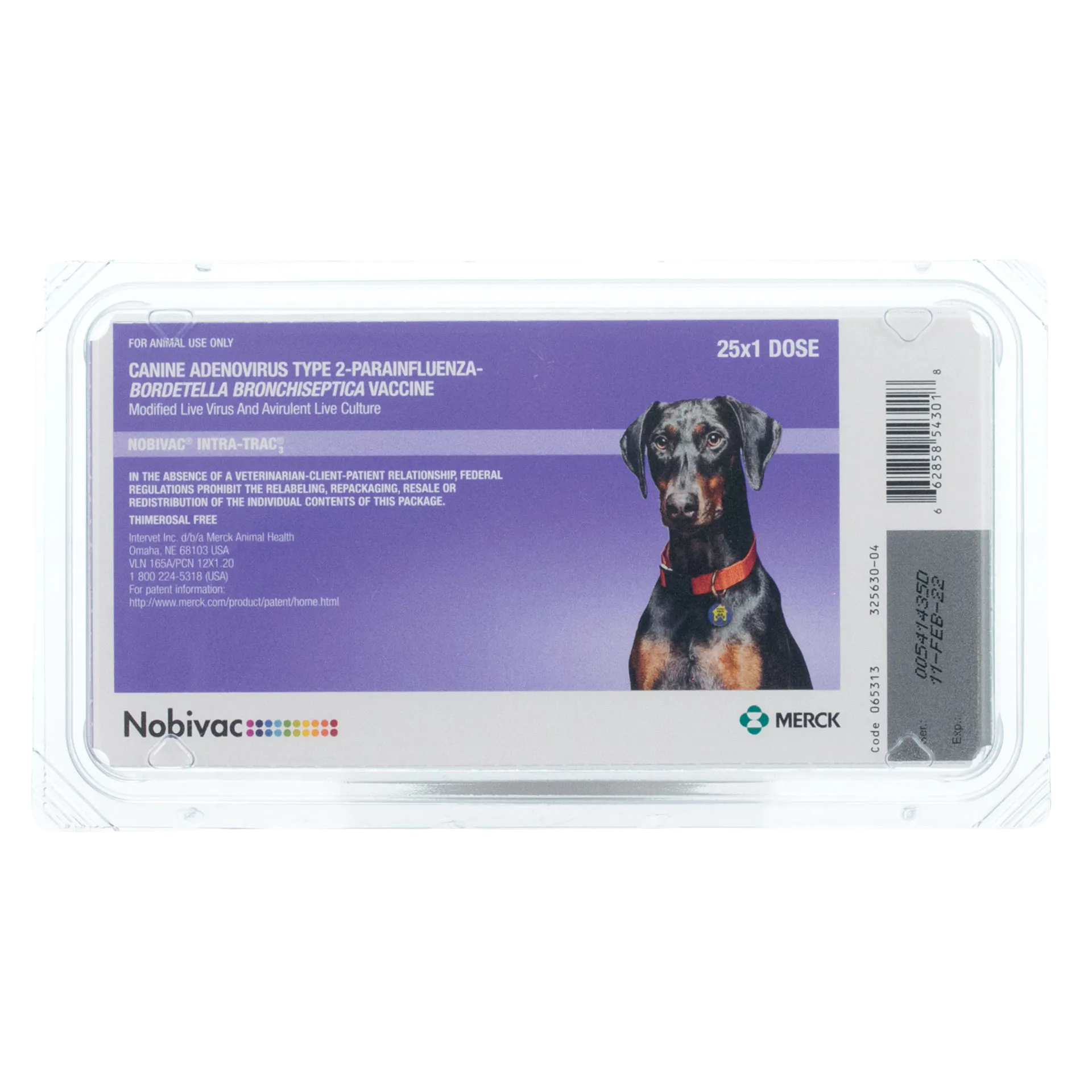 Nobivac® Intra-Trac®<sub>3</sub>,"Purple vaccine tray package with dog image and barcode"
