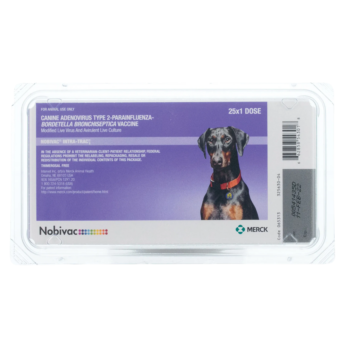 Nobivac® Intra-Trac®<sub>3</sub>,"Purple vaccine tray package with dog image and barcode"
