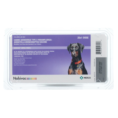Nobivac® Intra-Trac®<sub>3</sub>,"Purple vaccine tray package with dog image and barcode"