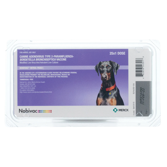 Nobivac® Intra-Trac®<sub>3</sub>,"Purple vaccine tray package with dog image and barcode"