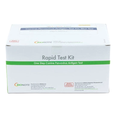 Antigen Canine Parvovirus Rapid Test Kit,"White rapid test kit box with green stripe"