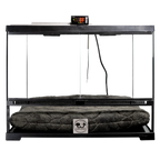 Puppywarmer® Puppy Incubator,"Black glass incubator with digital display and gray cushion"