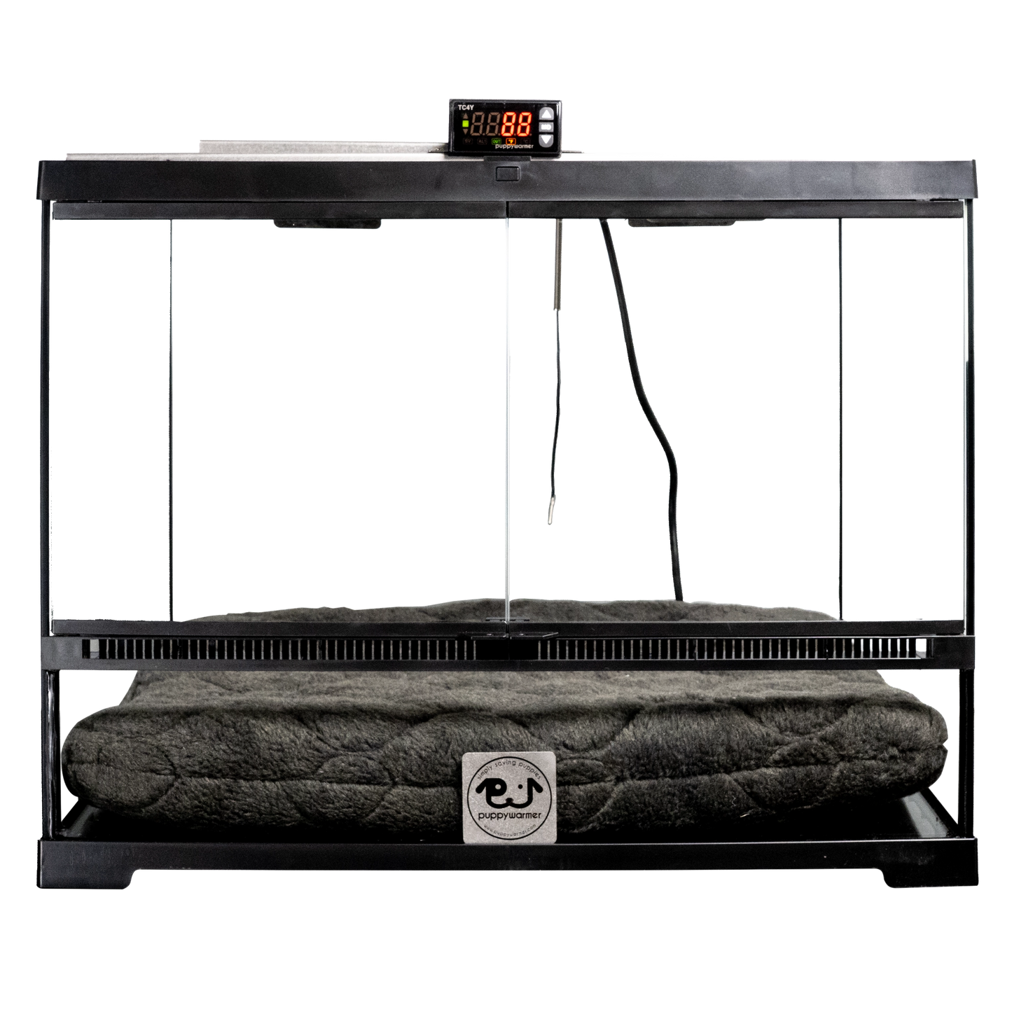 Puppywarmer® Puppy Incubator,"Black glass incubator with digital display and gray cushion"