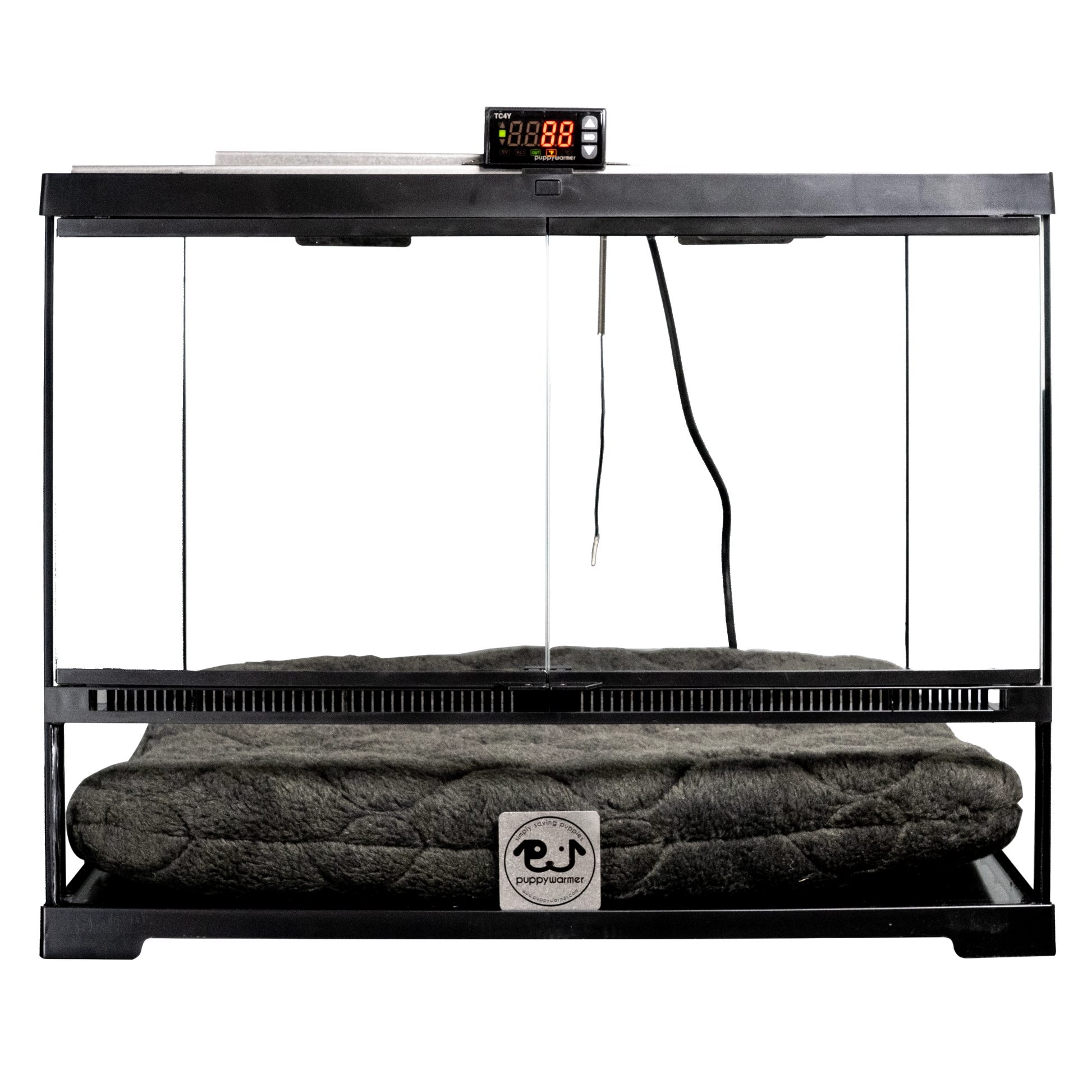 Puppywarmer® Puppy Incubator,"Black glass incubator with digital display and gray cushion"