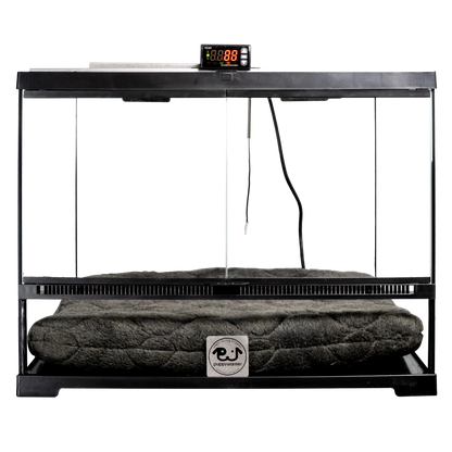 Puppywarmer® Puppy Incubator,"Black glass incubator with digital display and gray cushion"