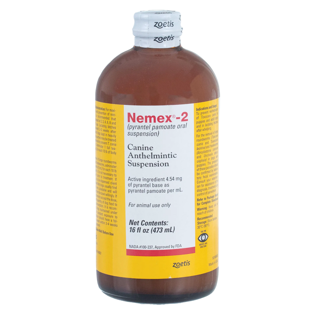 Nemex®-2 Dewormer for Dogs,"Brown bottle with yellow label and white cap"