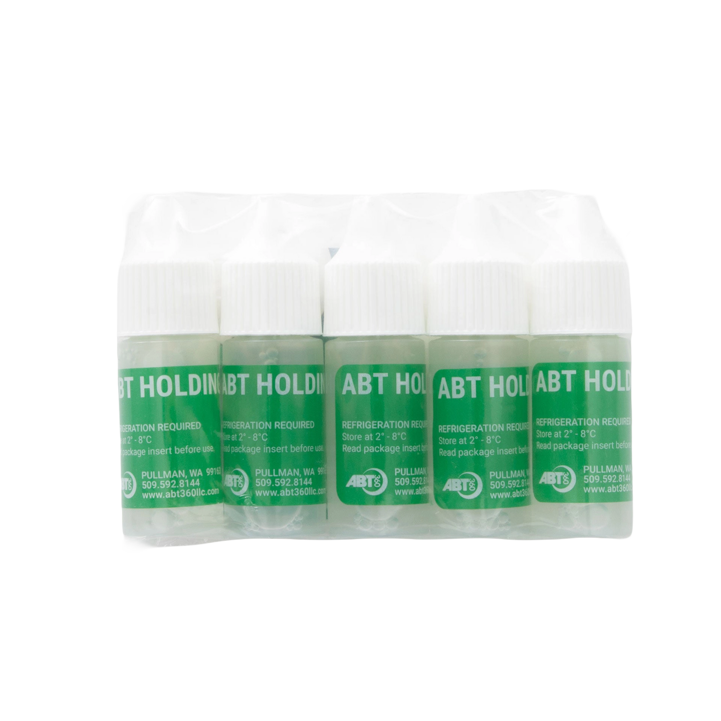 ABT360 Holding Media,"Pack of five clear vials with white caps and green labels"